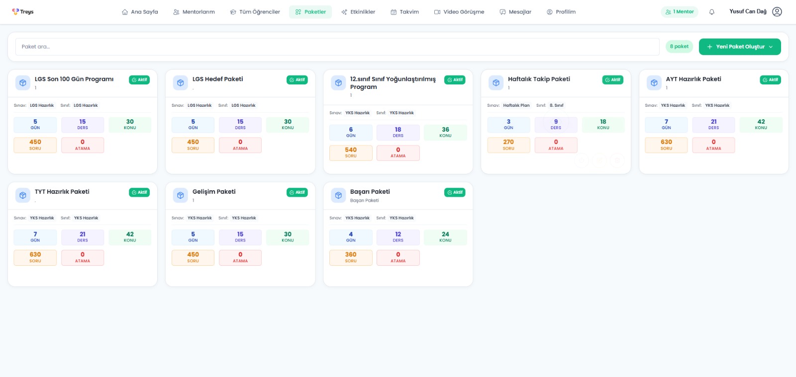 Paket Yönetimi - Mentorlara atanan paketleri ve kapasiteleri yönetin